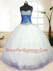 Floor Length White 15th Birthday Dress Tulle Sleeveless Beading