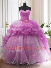 Sophisticated Sleeveless Sweep Train Beading and Ruffled Layers Lace Up Quinceanera Dresses