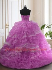Sophisticated Sleeveless Sweep Train Beading and Ruffled Layers Lace Up Quinceanera Dresses