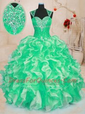 Cheap Floor Length Green Quinceanera Dresses Organza Sleeveless Beading and Ruffles