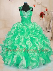 Cheap Floor Length Green Quinceanera Dresses Organza Sleeveless Beading and Ruffles