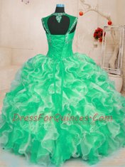 Cheap Floor Length Green Quinceanera Dresses Organza Sleeveless Beading and Ruffles