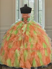 Fantastic Organza Sleeveless Floor Length 15 Quinceanera Dress and Beading and Ruffles and Sashes ribbons