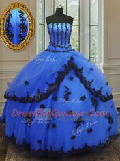 Exceptional Sleeveless Floor Length Appliques Lace Up Quinceanera Dresses with Blue