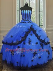 Exceptional Sleeveless Floor Length Appliques Lace Up Quinceanera Dresses with Blue