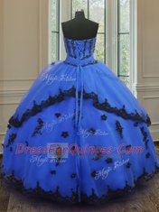 Exceptional Sleeveless Floor Length Appliques Lace Up Quinceanera Dresses with Blue