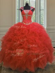 Straps Cap Sleeves Ball Gown Prom Dress Floor Length Beading and Ruffles and Sequins Coral Red Organza