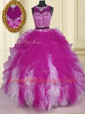 Scoop Fuchsia Sleeveless Beading and Ruffles Floor Length Quinceanera Gown