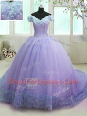 Fitting Off the Shoulder Lavender Organza Lace Up 15 Quinceanera Dress Short Sleeves With Train Court Train Hand Made Flower