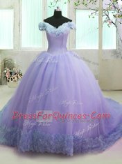 Fitting Off the Shoulder Lavender Organza Lace Up 15 Quinceanera Dress Short Sleeves With Train Court Train Hand Made Flower