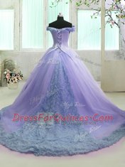 Fitting Off the Shoulder Lavender Organza Lace Up 15 Quinceanera Dress Short Sleeves With Train Court Train Hand Made Flower