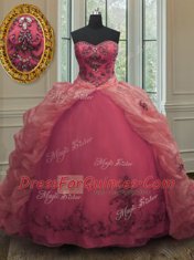 Discount Sleeveless With Train Beading and Appliques and Pick Ups Lace Up Quince Ball Gowns with Pink Court Train