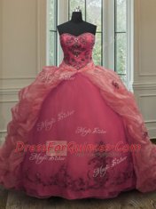 Discount Sleeveless With Train Beading and Appliques and Pick Ups Lace Up Quince Ball Gowns with Pink Court Train