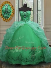 Romantic Green Organza Lace Up Sweetheart Sleeveless With Train Quinceanera Dresses Court Train Beading and Appliques and Pick Ups
