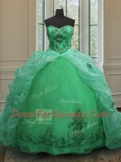 Romantic Green Organza Lace Up Sweetheart Sleeveless With Train Quinceanera Dresses Court Train Beading and Appliques and Pick Ups