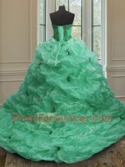 Romantic Green Organza Lace Up Sweetheart Sleeveless With Train Quinceanera Dresses Court Train Beading and Appliques and Pick Ups