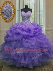 Lavender Sweetheart Neckline Beading and Ruffles and Pick Ups Sweet 16 Quinceanera Dress Sleeveless Lace Up