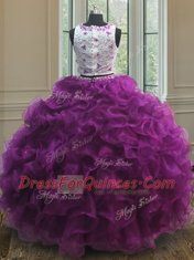 Elegant Scoop Sleeveless Organza 15 Quinceanera Dress Appliques and Ruffles Clasp Handle