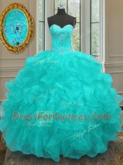 Aqua Blue Ball Gowns Organza Sweetheart Sleeveless Beading and Embroidery and Ruffles Floor Length Lace Up Ball Gown Prom Dress