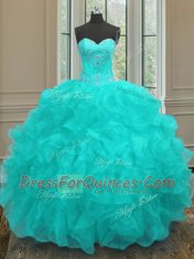Aqua Blue Ball Gowns Organza Sweetheart Sleeveless Beading and Embroidery and Ruffles Floor Length Lace Up Ball Gown Prom Dress