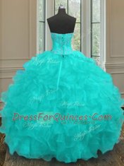 Aqua Blue Ball Gowns Organza Sweetheart Sleeveless Beading and Embroidery and Ruffles Floor Length Lace Up Ball Gown Prom Dress