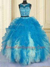 Scoop Blue And White Tulle Zipper Ball Gown Prom Dress Sleeveless Floor Length Beading and Ruffles