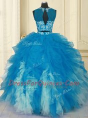 Scoop Blue And White Tulle Zipper Ball Gown Prom Dress Sleeveless Floor Length Beading and Ruffles