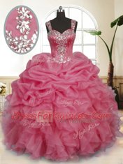 High Quality Sleeveless Floor Length Beading and Ruffles and Pick Ups Zipper Sweet 16 Dresses with Pink