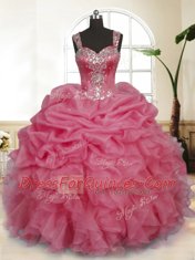 High Quality Sleeveless Floor Length Beading and Ruffles and Pick Ups Zipper Sweet 16 Dresses with Pink