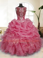 High Quality Sleeveless Floor Length Beading and Ruffles and Pick Ups Zipper Sweet 16 Dresses with Pink