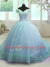 Off the Shoulder Light Blue Lace Up Sweet 16 Quinceanera Dress Hand Made Flower Sleeveless With Train Court Train