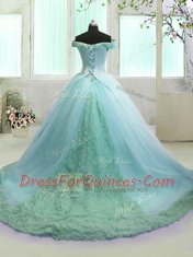 Off the Shoulder Light Blue Lace Up Sweet 16 Quinceanera Dress Hand Made Flower Sleeveless With Train Court Train