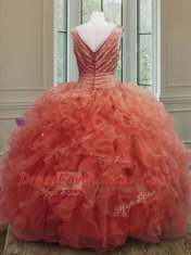 Orange Red V-neck Zipper Beading and Ruffles 15th Birthday Dress Sleeveless