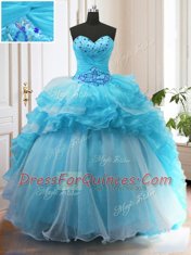 Traditional Baby Blue Ball Gowns Sweetheart Sleeveless Organza Sweep Train Lace Up Beading and Ruffled Layers 15 Quinceanera Dress
