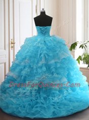 Traditional Baby Blue Ball Gowns Sweetheart Sleeveless Organza Sweep Train Lace Up Beading and Ruffled Layers 15 Quinceanera Dress