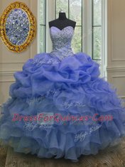 Glittering Floor Length Blue Ball Gown Prom Dress Organza Sleeveless Beading and Ruffles and Pick Ups