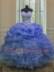 Glittering Floor Length Blue Ball Gown Prom Dress Organza Sleeveless Beading and Ruffles and Pick Ups