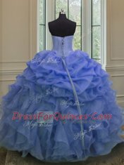 Glittering Floor Length Blue Ball Gown Prom Dress Organza Sleeveless Beading and Ruffles and Pick Ups