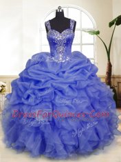 Lavender Zipper Straps Beading and Ruffles and Pick Ups Quince Ball Gowns Organza Sleeveless