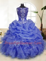 Lavender Zipper Straps Beading and Ruffles and Pick Ups Quince Ball Gowns Organza Sleeveless