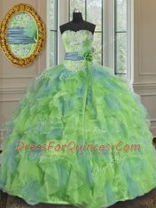 Floor Length Lace Up Vestidos de Quinceanera Multi-color for Military Ball and Sweet 16 and Quinceanera with Beading and Appliques and Ruffles and Sashes ribbons and Hand Made Flower