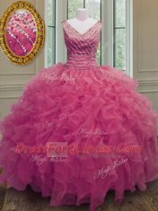 V-neck Sleeveless Organza Quinceanera Dress Beading and Ruffles Zipper
