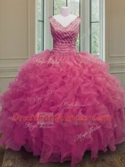V-neck Sleeveless Organza Quinceanera Dress Beading and Ruffles Zipper