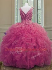 V-neck Sleeveless Organza Quinceanera Dress Beading and Ruffles Zipper