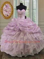 Ideal Sleeveless Floor Length Beading and Ruffles Lace Up Sweet 16 Dress with Lilac