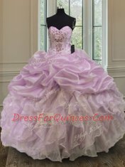 Ideal Sleeveless Floor Length Beading and Ruffles Lace Up Sweet 16 Dress with Lilac