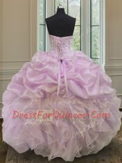 Ideal Sleeveless Floor Length Beading and Ruffles Lace Up Sweet 16 Dress with Lilac
