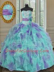 Fitting Sweetheart Sleeveless Quince Ball Gowns Floor Length Beading and Appliques and Ruffles and Sashes ribbons and Hand Made Flower Multi-color Organza