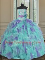 Fitting Sweetheart Sleeveless Quince Ball Gowns Floor Length Beading and Appliques and Ruffles and Sashes ribbons and Hand Made Flower Multi-color Organza