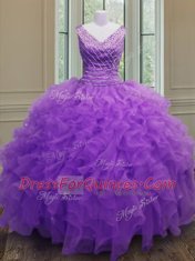 Captivating Ball Gowns 15th Birthday Dress Purple V-neck Organza Sleeveless Floor Length Zipper